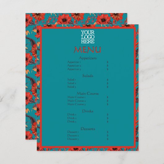 Red Turquoise Floral Café Restaurant Menu (Devant / Derrière)