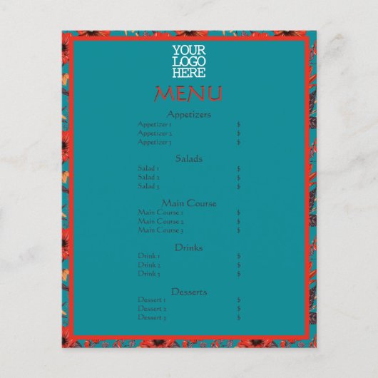 Red Turquoise Floral Café Restaurant Menu (Devant)