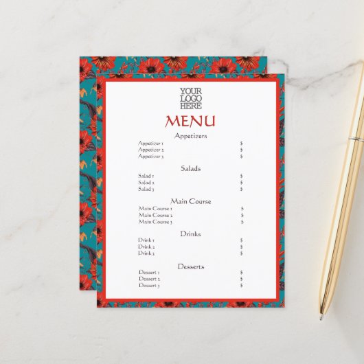 Red Turquoise Floral Café Restaurant Menu (Devant/Arrière en situation)
