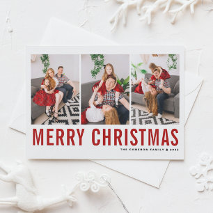 Red Typography Merry Kerstry Three Photo Collage Feestdagenkaart