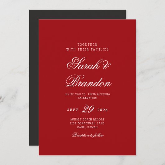 Red Valentines Minimalist Script Wedding Kaart (Voorkant / Achterkant)