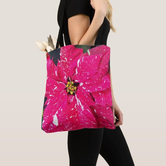 Red Variegated Poinsettia Holiday Canvas tas (Dichtbij)