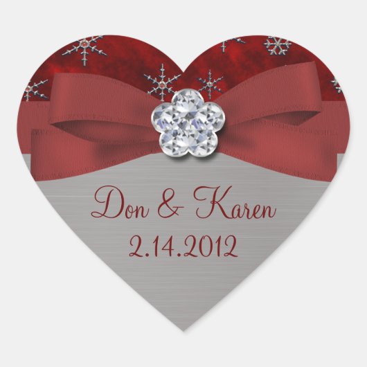 Red Velour & Silver Snowflakes Hart Sticker (Voorkant)