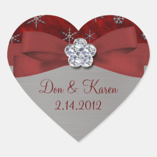 Red Velour & Silver Snowflakes Hart Sticker