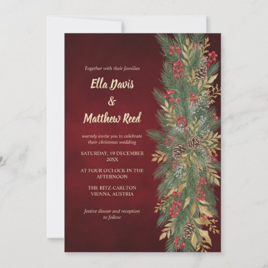 Red Velvet Christmas Botanical Wedding Invitation (Devant)