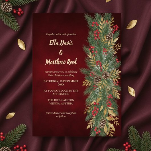 Red Velvet Christmas Botanical Wedding Invitation Kaart
