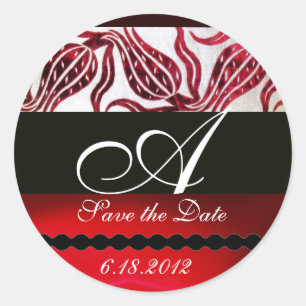 RED VELVET DAMASK TULIPS MONOGRAM Burgundy White Ronde Sticker