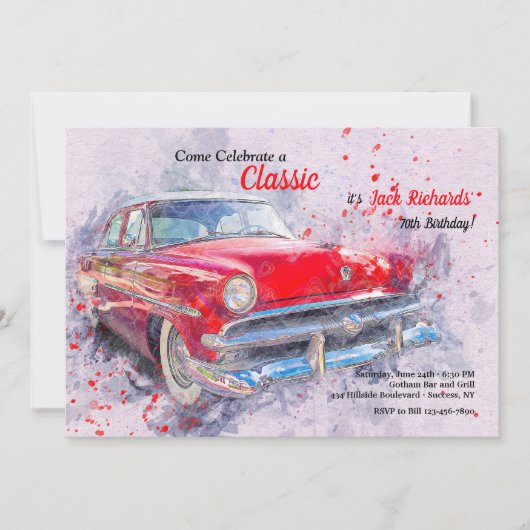 Red Vintage Car Invitation Kaart (Voorkant)