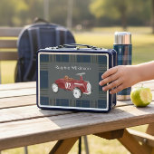 Red Vintage Racecar Plaid Boy's Name Lunchbox