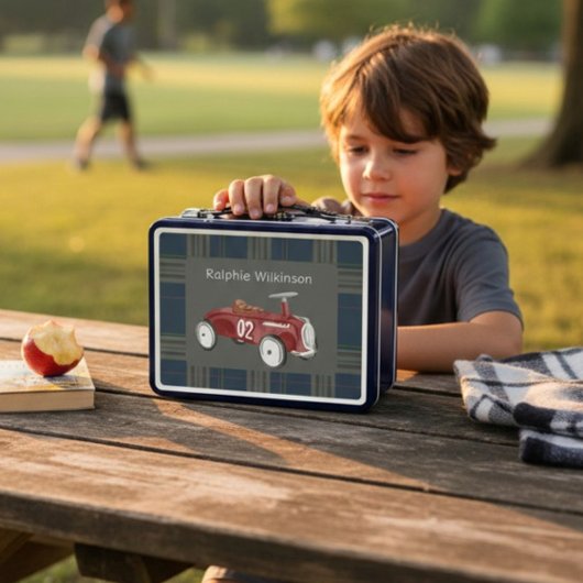 Red Vintage Racecar Plaid Boy's Name Lunchbox