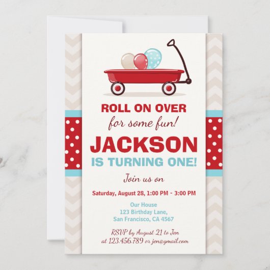 Red Wagon Birthday Invitation Litte Red Wagon Blue Kaart (Voorkant)