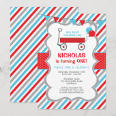 Red Wagon Verjaardag Uitnodiging, Jongen Verjaarda Kaart (Voorkant / Achterkant)