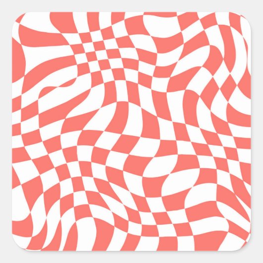 Red Warped Wavy Checkered Art Pattern Vierkante Sticker (Voorkant)