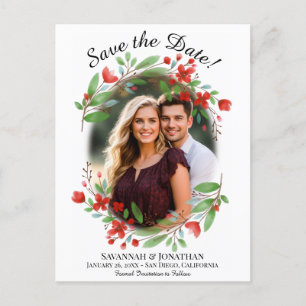 Red Waterverf Floral Wedding Save the Date Photo Uitnodiging Briefkaart