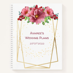 Red Waterverf Flowers Gold Geometric Lijst Notitieboek