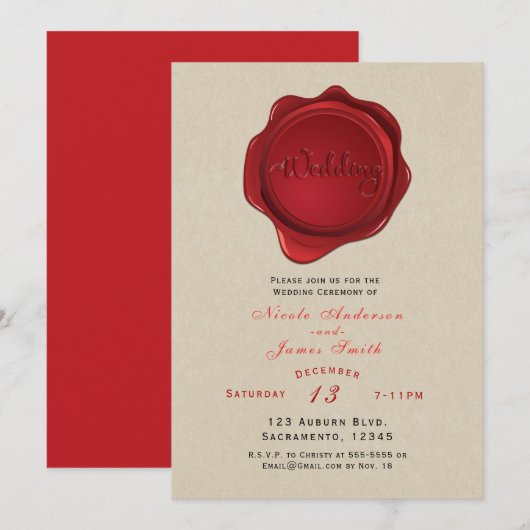 Red Wax Seal Elegant Kraft Bruin Rustiek Huwelijk Kaart (Voorkant / Achterkant)