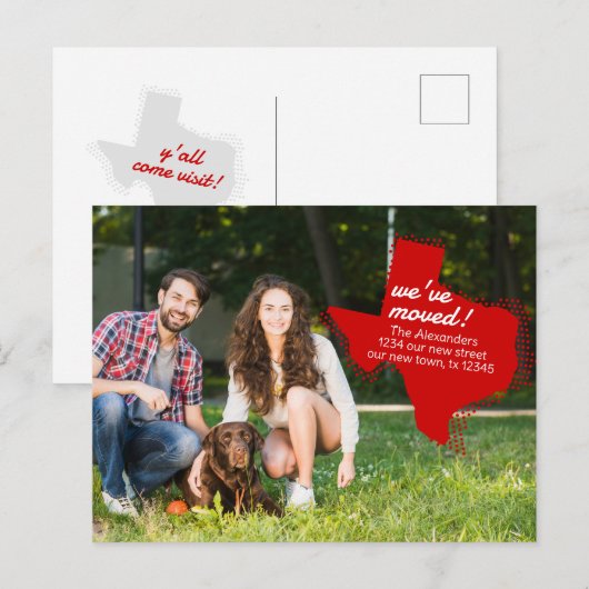 Red We hebben verhuisd - Dotted Texas Moving Briefkaart (Voorkant / Achterkant)