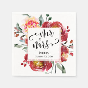 Red Wedding Flower Bouquet Mr & Mrs Typografie Servet