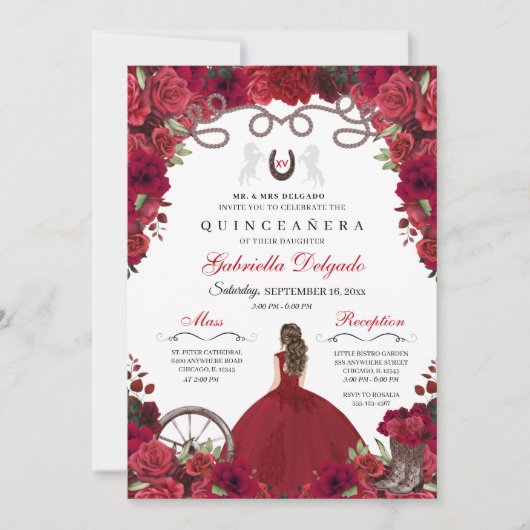 Red Western Charra Princess Ranchero Quinceanera Kaart (Voorkant)