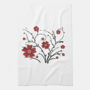 Red Whimsical Flowers Kitchen Towel Theedoek