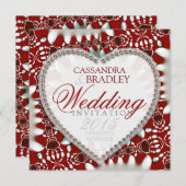 Red White Batik Satin Heart Wedding Invitations (Devant / Derrière)