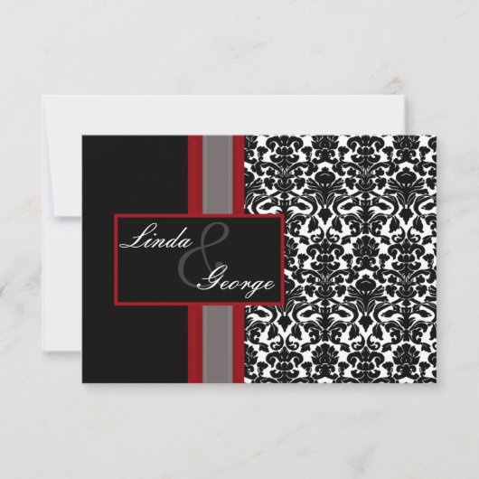 Red White Black Damask Wedding Invitations RSVP Kaartje (Voorkant)