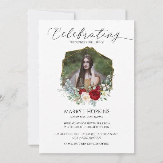 Red White Blossom Photo Celebration of Life Kaart (Voorkant)