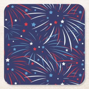 Red White Blue Fireworks-sterren Vierkante Kartonnen Onderzetter