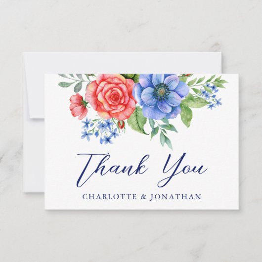 Red White Blue Floral 4 juli Patriotic Wedding Bedankkaart (Voorkant)