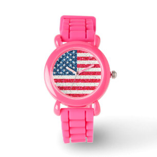 Red White Blue Glitter Patriotic American USA Vlag Horloge