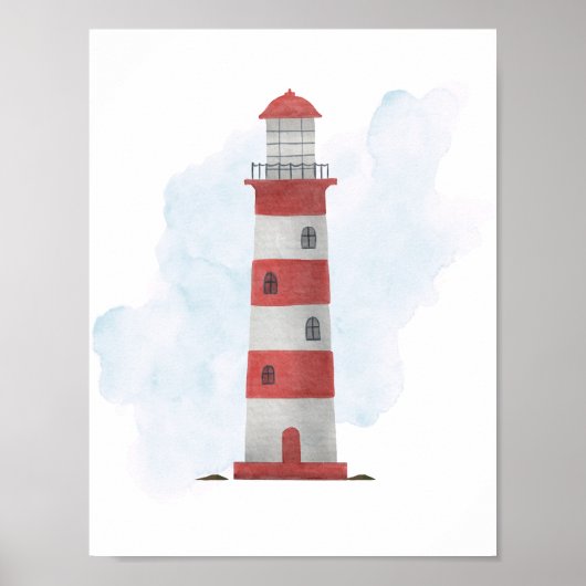 Red White Blue Lighthouse Nautical Ocean Theme Poster (Voorkant)