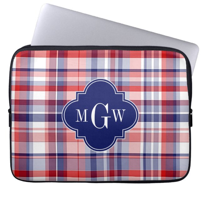 Red White Blue Preppy Madras Monogram Laptop Sleeve (Voorkant)