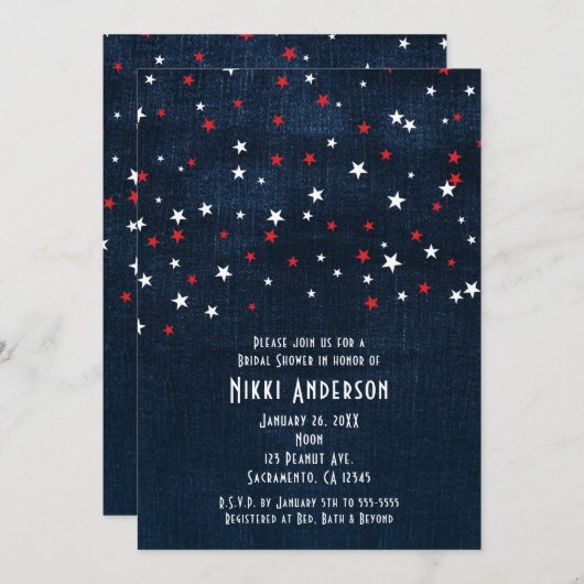 Red White & Blue Stars Denim Party Invitations (Devant / Derrière)