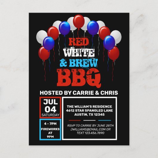 Red White & Brew BBQ 4e van juli partijuitnodiging Briefkaart (Voorkant)