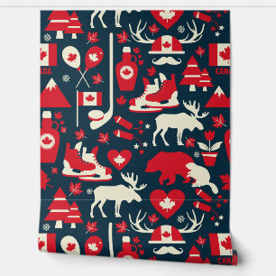 Red White Canada Icons Maple Beer Ice Hockey Moose Behang