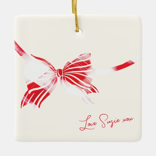 Red White Candy Cane Holiday Bow Foto Keramisch Ornament (Voorkant)