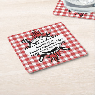 Red White Check Barbecue Cookout Family Reunion Vierkante Kartonnen Onderzetter
