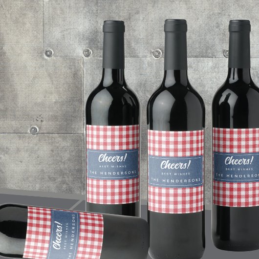 Red White Check Gingham & Blue Denim Cheers Wijn Etiket
