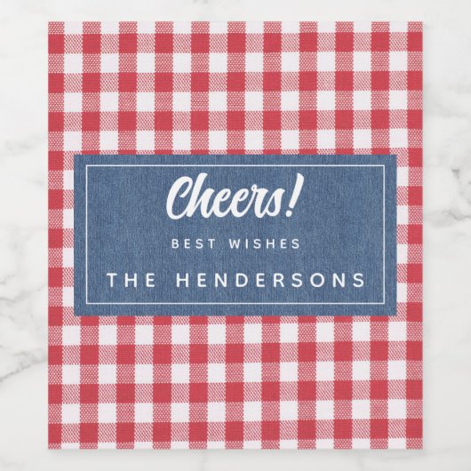 Red White Check Gingham & Blue Denim Cheers Wijn Etiket (Enkel label)