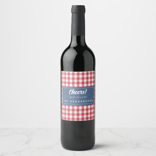 Red White Check Gingham & Blue Denim Cheers Wijn Etiket (Voorkant)