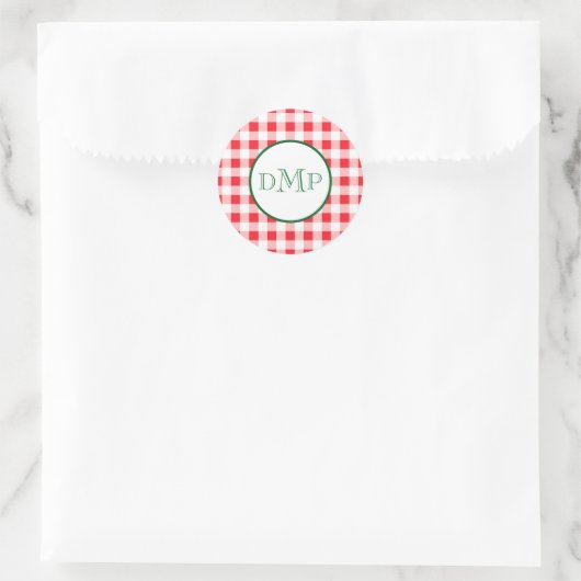 Red White Check MONOGRAM Ronde Sticker (Tas)