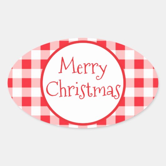 Red White Check Whimsical MERRY CHRISTMAS Ovale Sticker (Voorkant)