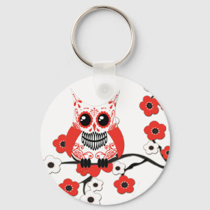 Red White Cherry Blossom Owl Sleutelhanger