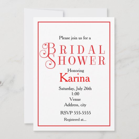 Red & White Chic Classy Bridal Douche Invitation (Devant)