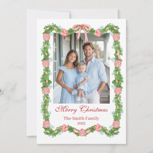 Red & White Chinoiserie Garland Grandmillennial Feestdagenkaart (Voorkant)