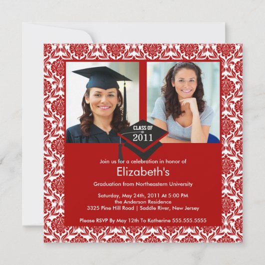Red & White Damask Photo Afstuderen Invitation Kaart (Voorkant)