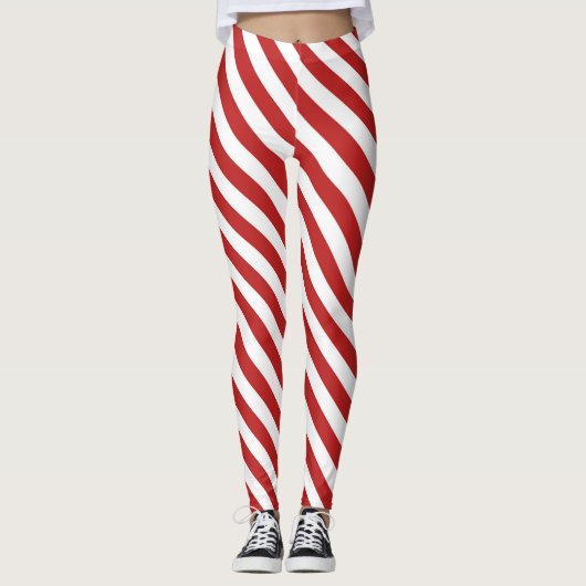 Red White Diagonal Candy Cane Stripes Vakantie Leggings (Voorkant)
