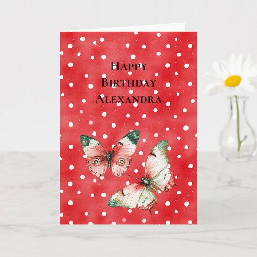 Red White Dots Red Green Butterflies Birthday Kaart (Kleine Plant)