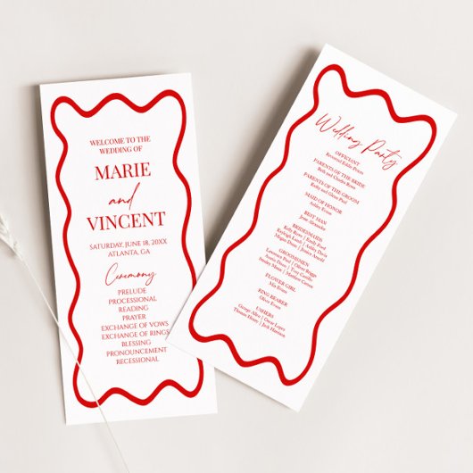 Red White Elegant Wavy Border Wedding Programma