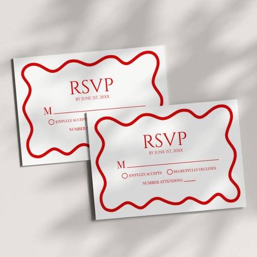 Red White Elegant Wavy Border Wedding RSVP Card Kaartje